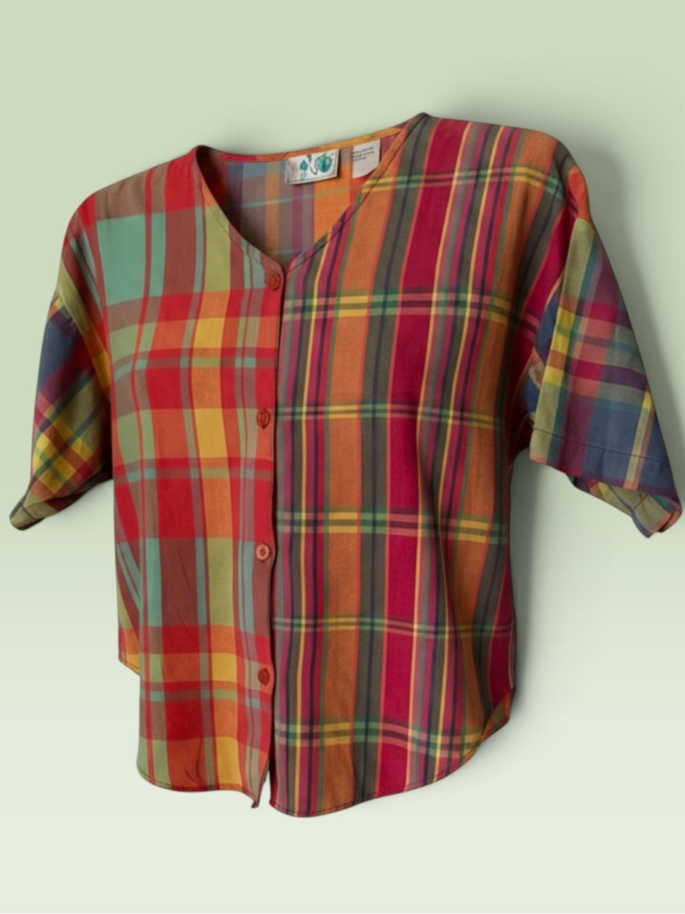 Sasson Jeans Vintage Plaid Madras Cotton Button Front Blouse M